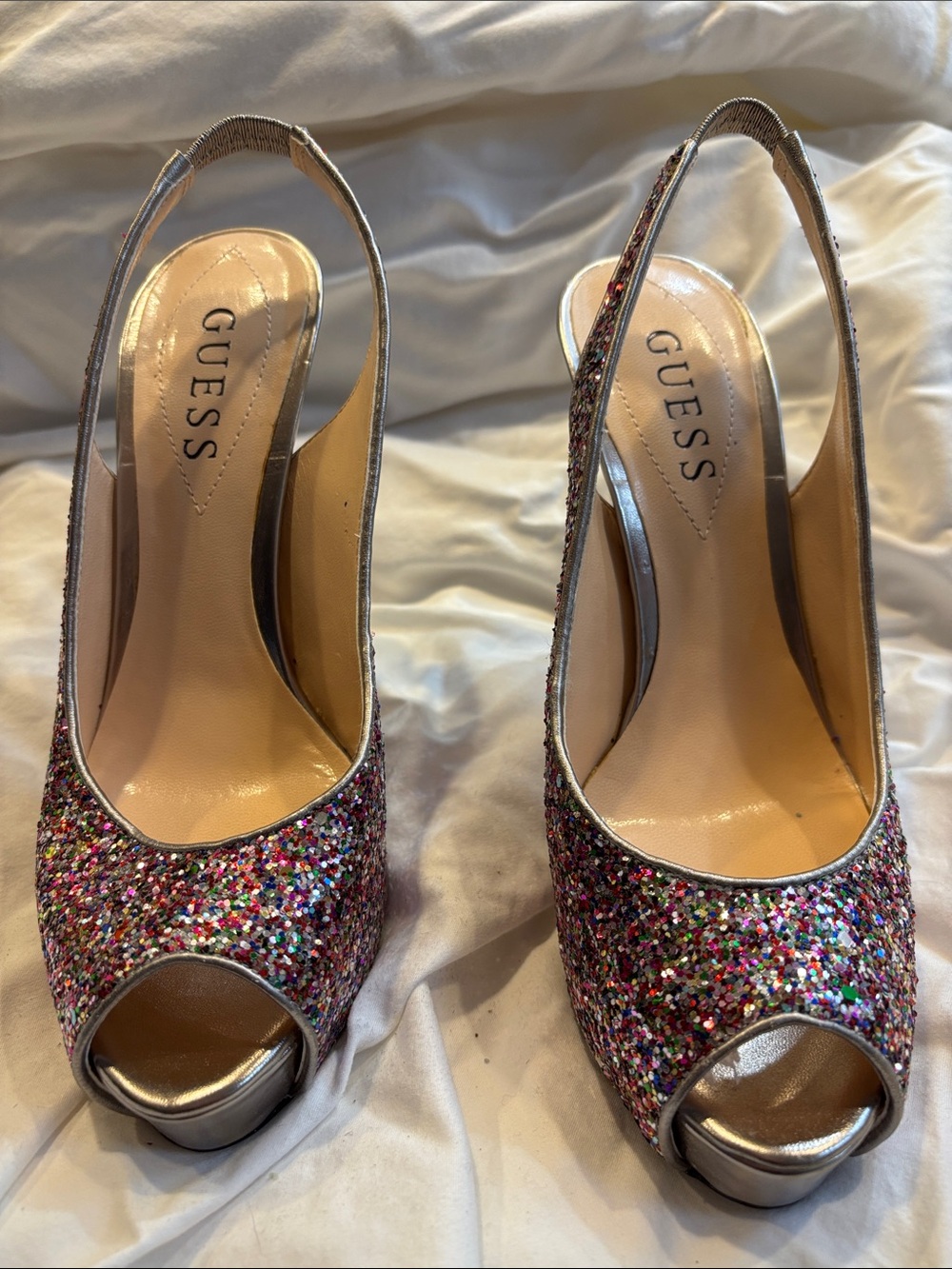 GUESS Multicolor Glitter Peep-Toe Slingback Heels
